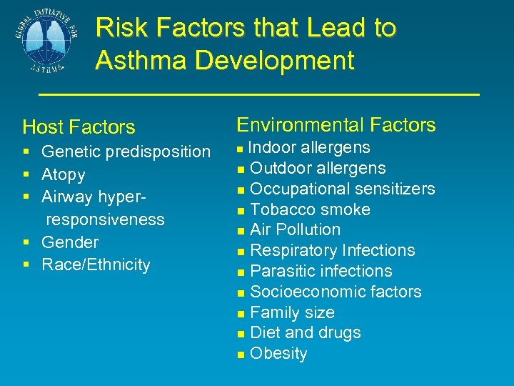 Risk Factors that Lead to Asthma Development Host Factors Environmental Factors § Genetic predisposition