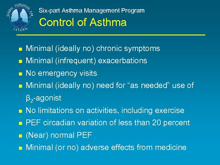 Six-part Asthma Management Program Control of Asthma Minimal (ideally no) chronic symptoms Minimal (infrequent)