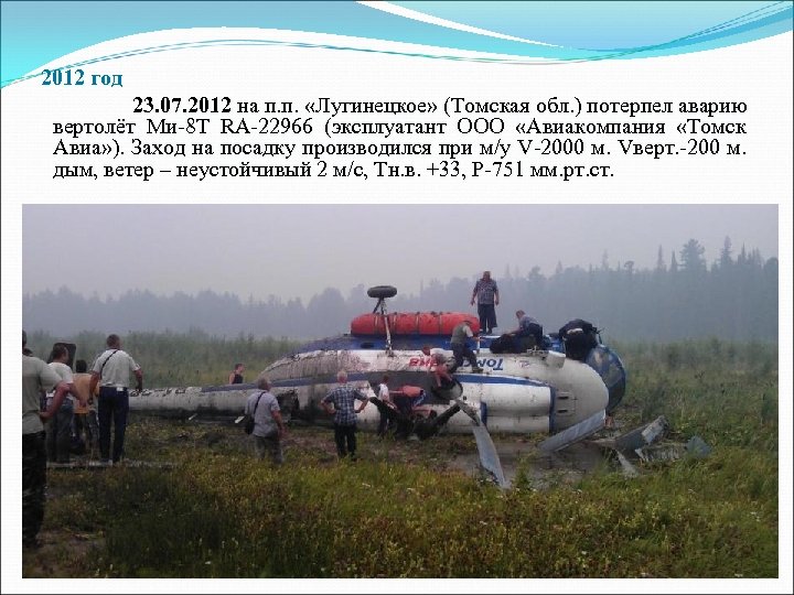 2012 год 23. 07. 2012 на п. п. «Лугинецкое» (Томская обл. ) потерпел аварию