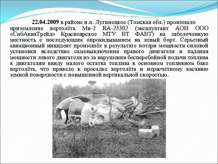 22. 04. 2009 в районе н. п. Лугинецкое (Томская обл. ) произошло приземление вертолёта