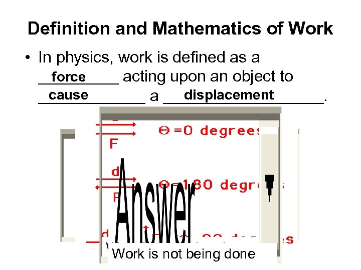 Definition and Mathematics of Work • In physics, work is defined as a force