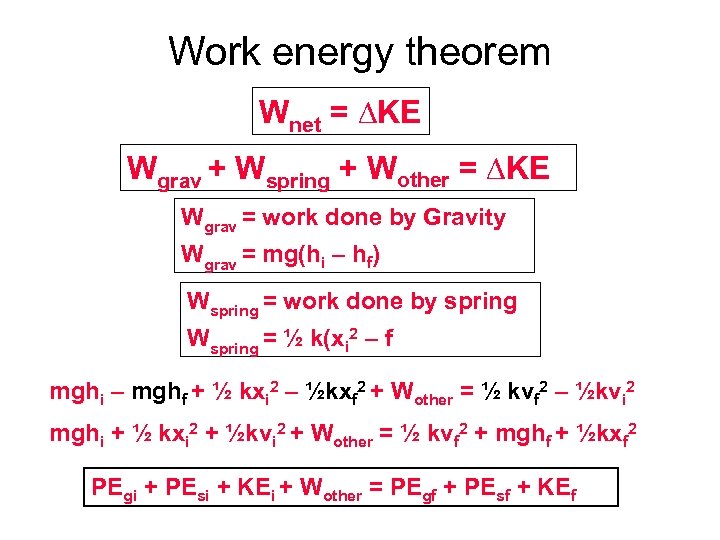 Work energy theorem Wnet = ∆KE Wgrav + Wspring + Wother = ∆KE Wgrav