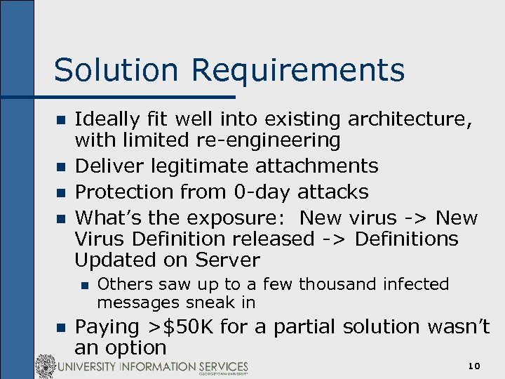 Solution Requirements n n Ideally fit well into existing architecture, with limited re-engineering Deliver