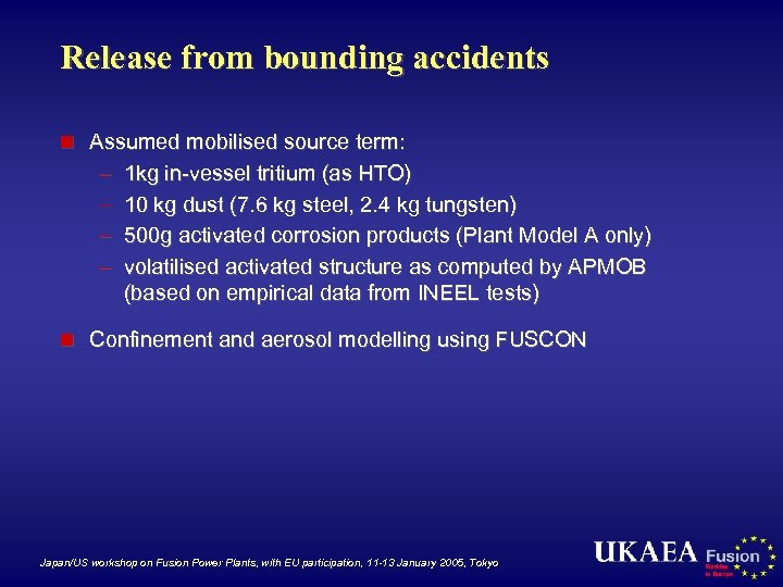 Release from bounding accidents n Assumed mobilised source term: – – 1 kg in-vessel