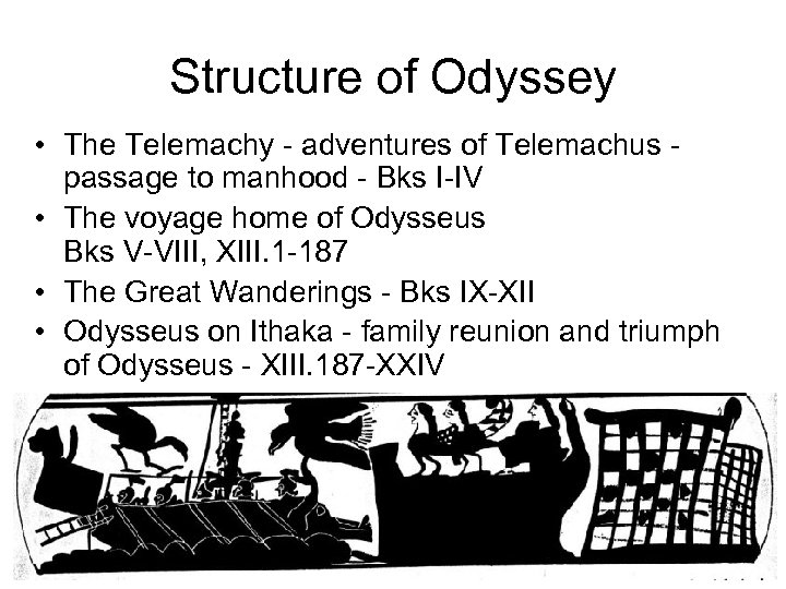 Structure of Odyssey • The Telemachy - adventures of Telemachus passage to manhood -