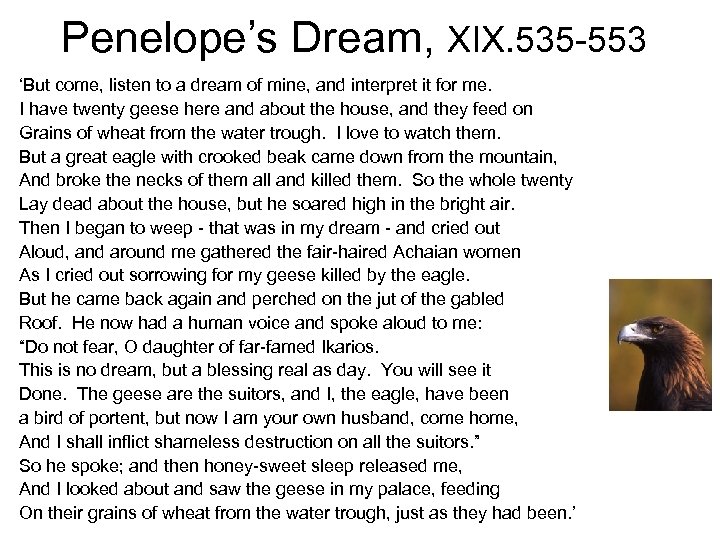 Penelope’s Dream, XIX. 535 -553 ‘But come, listen to a dream of mine, and