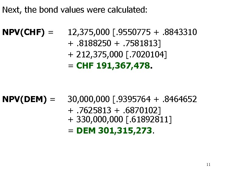 Next, the bond values were calculated: NPV(CHF) = 12, 375, 000 [. 9550775 +.