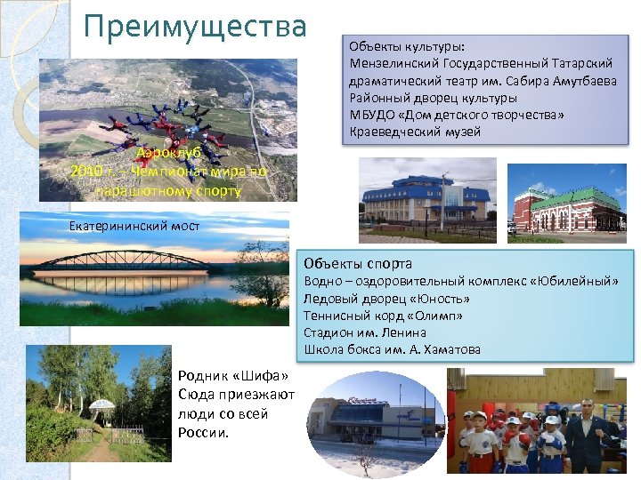 Преимущества Объекты культуры: Мензелинский Государственный Татарский драматический театр им. Сабира Амутбаева Районный дворец культуры