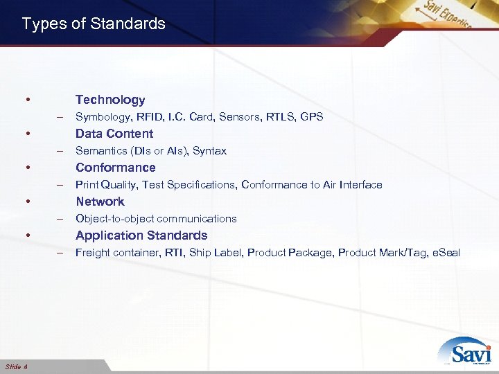 Types of Standards • Technology – • Data Content – • Semantics (DIs or