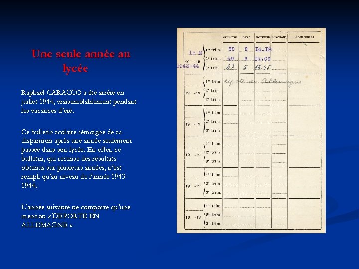 Une seule année au lycée Raphaël CARACCO a été arrêté en juillet 1944, vraisemblablement