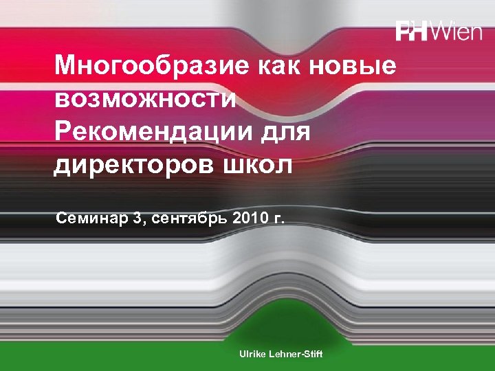 Многообразие как новые возможности Рекомендации для директоров школ Семинар 3, сентябрь 2010 г. Ulrike