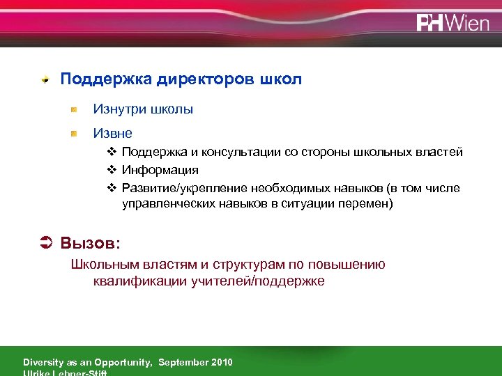 Поддержка директоров школ Изнутри школы Извне v Поддержка и консультации со стороны школьных властей