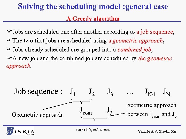 Solving the scheduling model : general case A Greedy algorithm FJobs are scheduled one
