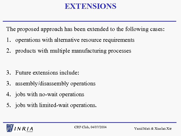 EXTENSIONS The proposed approach has been extended to the following cases: 1. operations with