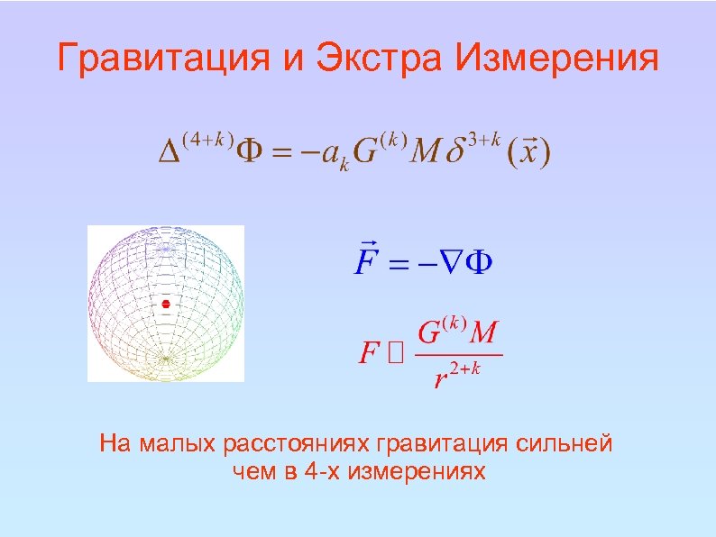 Гравитация и Экстра Измерения На малых расстояниях гравитация сильней чем в 4 -х измерениях