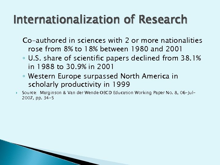 Internationalization of Research Co-authored in sciences with 2 or more nationalities rose from 8%