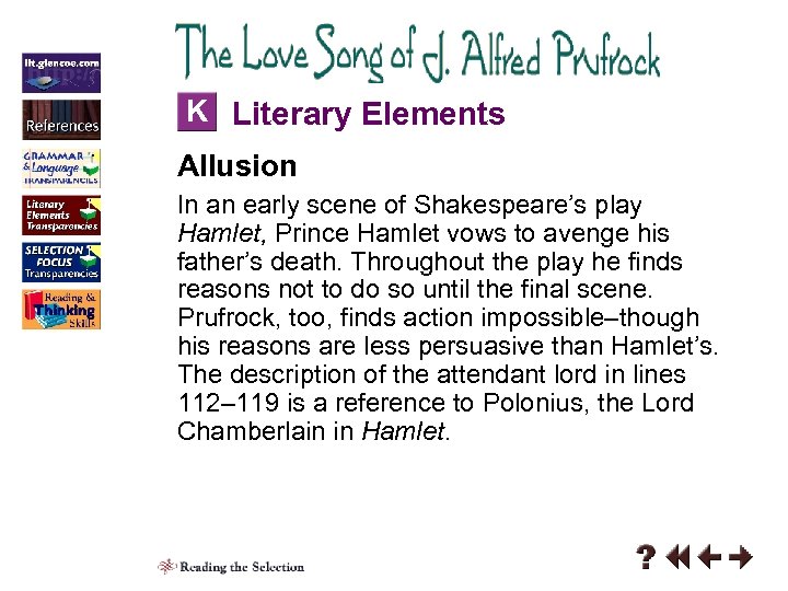 K Literary Elements Allusion In an early scene of Shakespeare’s play Hamlet, Prince Hamlet