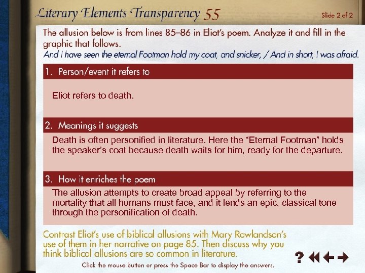 Eliot refers to death. Death is often personified in literature. Here the “Eternal Footman”