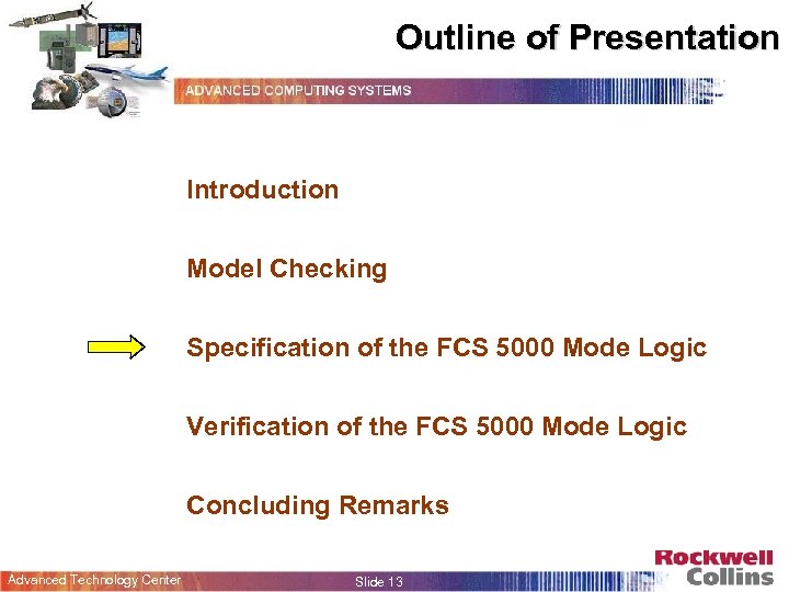 Outline of Presentation Introduction Model Checking Specification of the FCS 5000 Mode Logic Verification