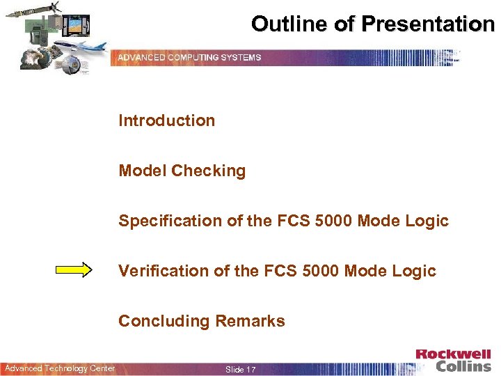 Outline of Presentation Introduction Model Checking Specification of the FCS 5000 Mode Logic Verification