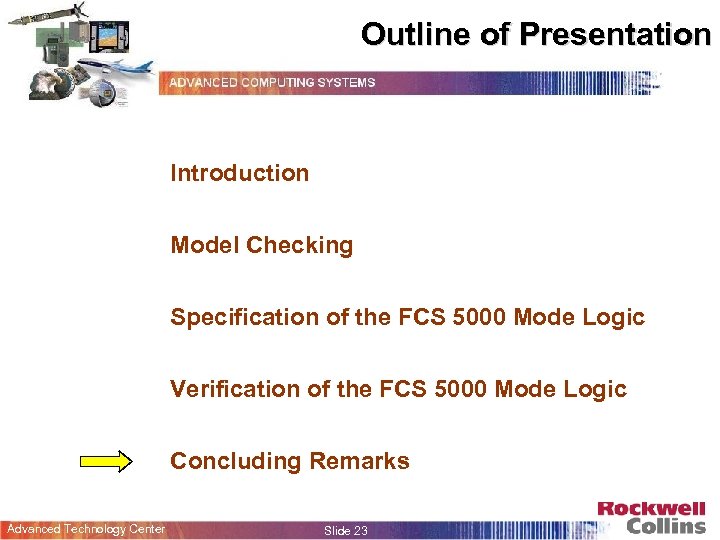 Outline of Presentation Introduction Model Checking Specification of the FCS 5000 Mode Logic Verification