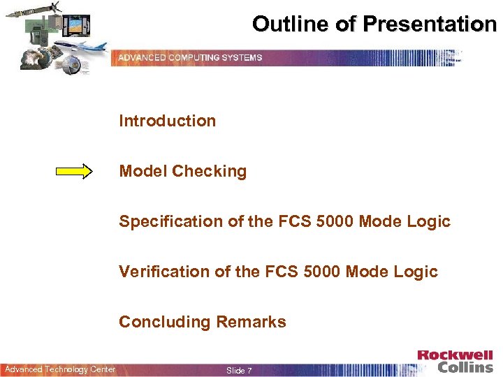 Outline of Presentation Introduction Model Checking Specification of the FCS 5000 Mode Logic Verification