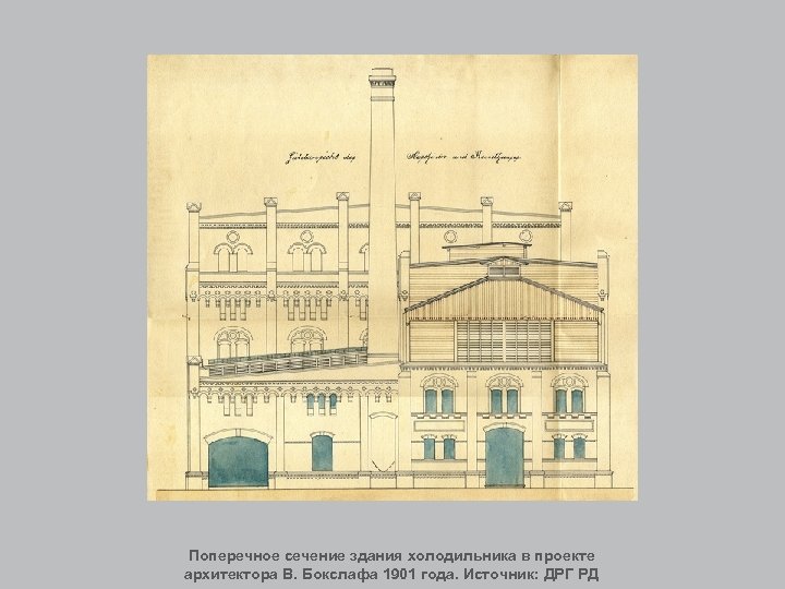 Поперечное сечение здания холодильника в проекте архитектора В. Бокслафа 1901 года. Источник: ДРГ РД