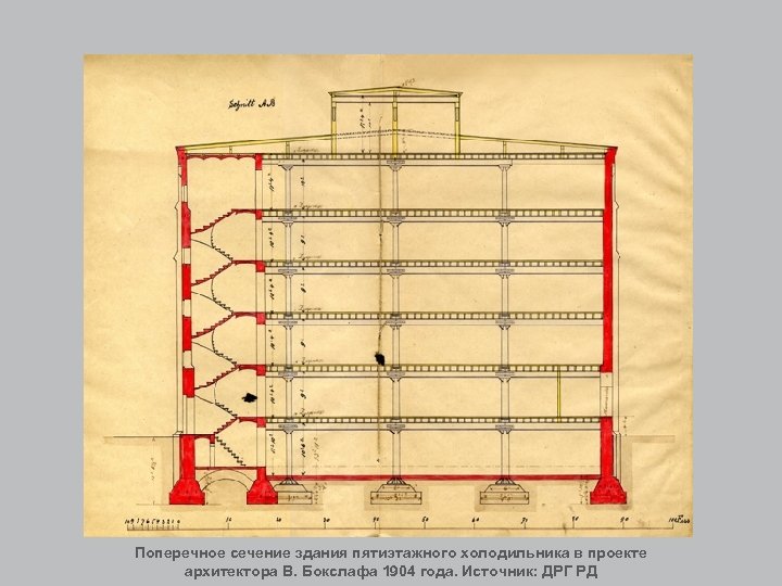 Поперечное сечение здания пятиэтажного холодильника в проекте архитектора В. Бокслафа 1904 года. Источник: ДРГ