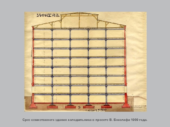 Срез семиэтажного здания холодильника в проекте В. Бокслафа 1909 года. 