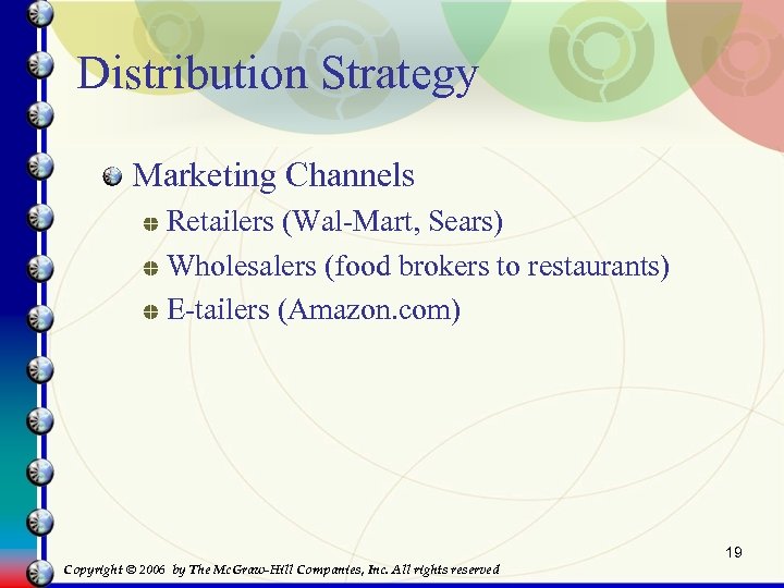 Distribution Strategy Marketing Channels Retailers (Wal-Mart, Sears) Wholesalers (food brokers to restaurants) E-tailers (Amazon.