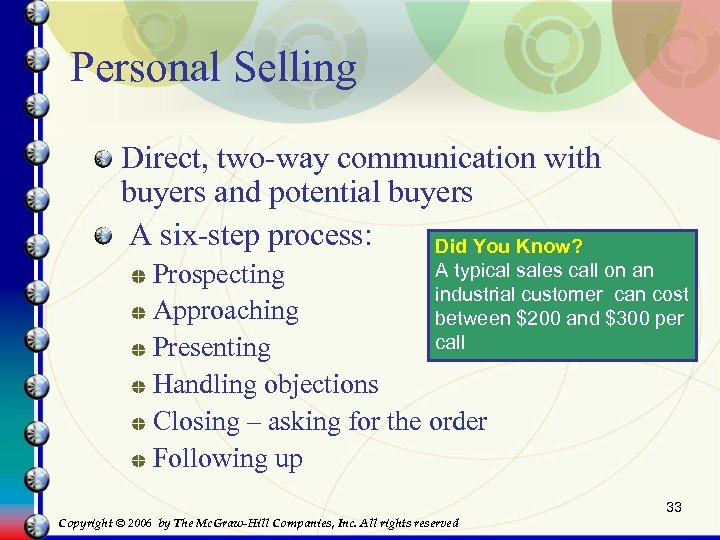Personal Selling Direct, two-way communication with buyers and potential buyers A six-step process: Did