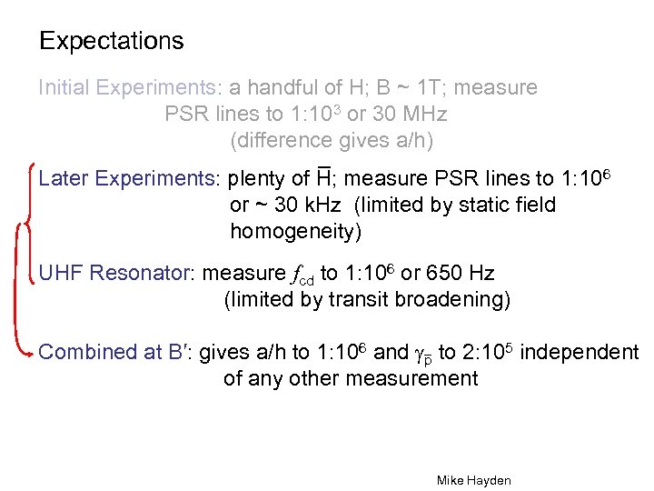 Expectations Initial Experiments: a handful of H; B ~ 1 T; measure PSR lines