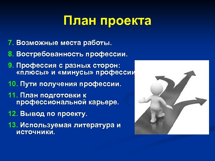 План проекта 7. Возможные места работы. 8. Востребованность профессии. 9. Профессия с разных сторон:
