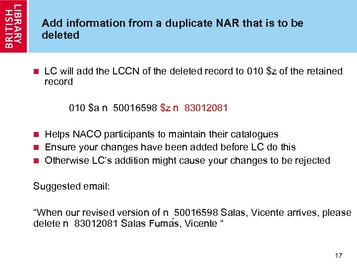 Add information from a duplicate NAR that is to be deleted n LC will