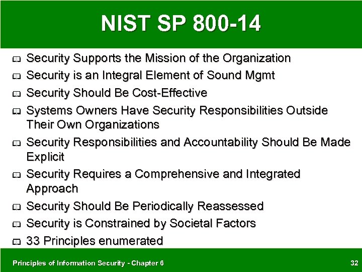 NIST SP 800 -14 Security Supports the Mission of the Organization Security is an