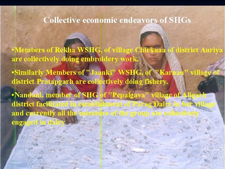 Collective economic endeavors of SHGs • Members of Rekha WSHG, of village Chirkuaa of
