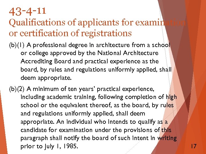 43 -4 -11 Qualifications of applicants for examination or certification of registrations (b)(1) A