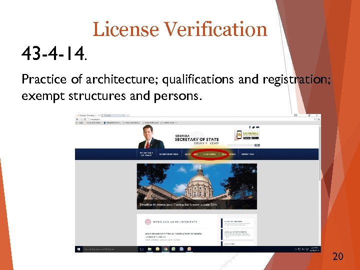 License Verification 43 -4 -14. Practice of architecture; qualifications and registration; exempt structures and