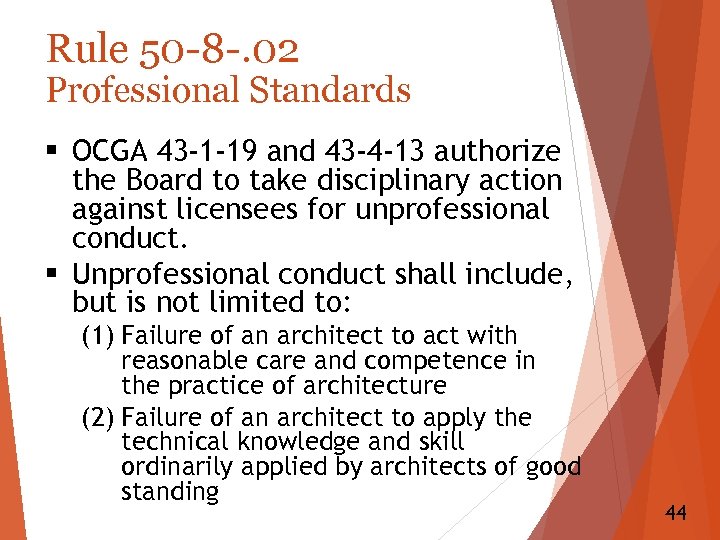 Rule 50 -8 -. 02 Professional Standards § OCGA 43 -1 -19 and 43