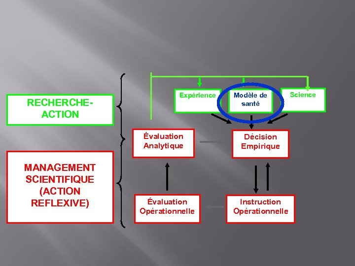 RECHERCHEACTION Expérience Évaluation Analytique MANAGEMENT SCIENTIFIQUE (ACTION REFLEXIVE) Évaluation Opérationnelle Modèle de santé Décision