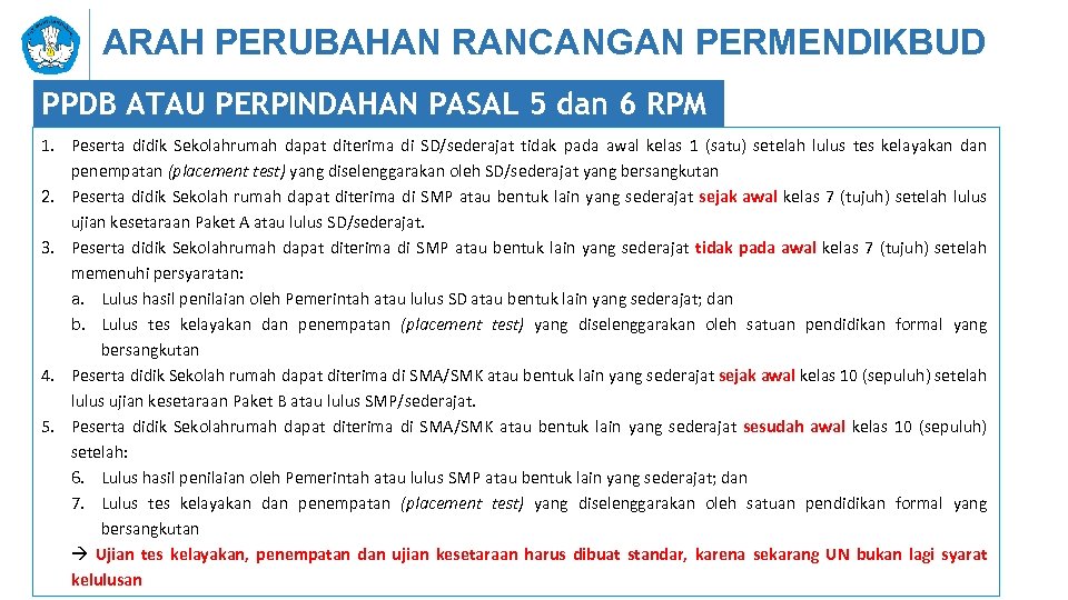 ARAH PERUBAHAN RANCANGAN PERMENDIKBUD PPDB ATAU PERPINDAHAN PASAL 5 dan 6 RPM 1. Peserta