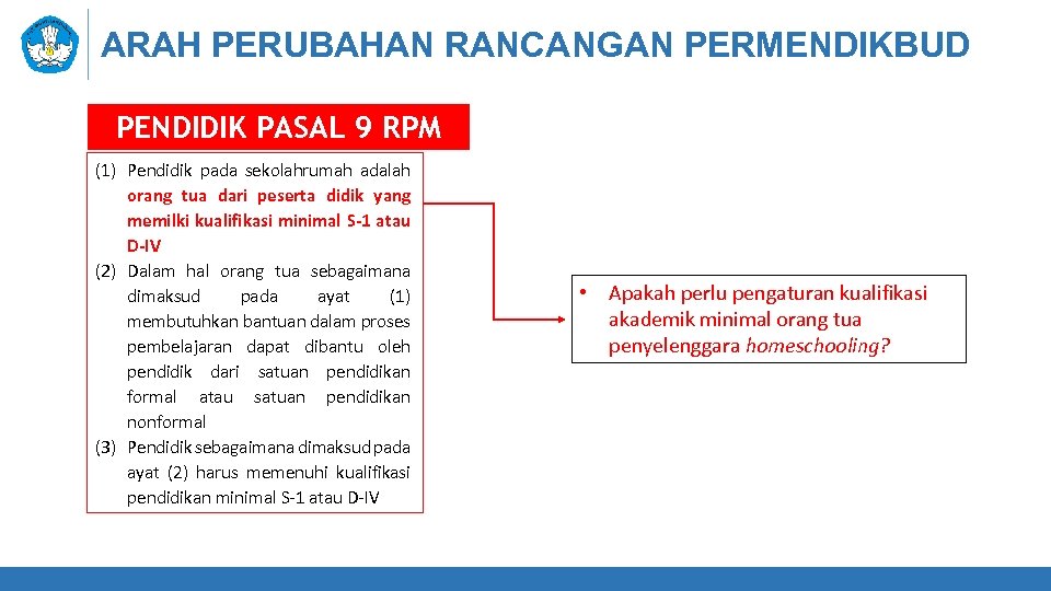 ARAH PERUBAHAN RANCANGAN PERMENDIKBUD PENDIDIK PASAL 9 RPM (1) Pendidik pada sekolahrumah adalah orang