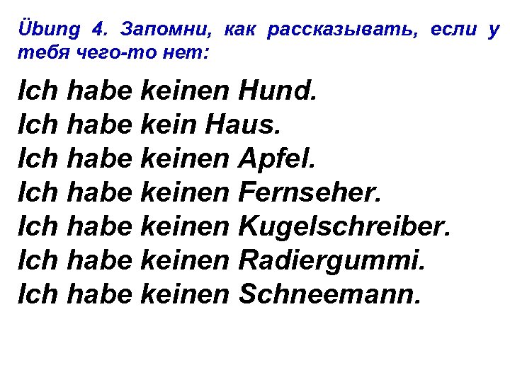 Übung 4. Запомни, как рассказывать, если у тебя чего-то нет: Ich habe keinen Hund.
