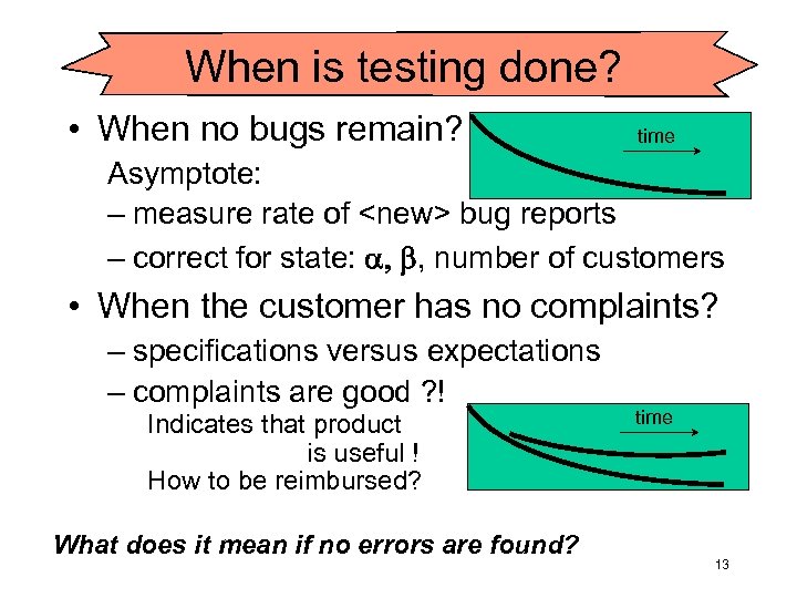 When is testing done? • When no bugs remain? time Asymptote: – measure rate