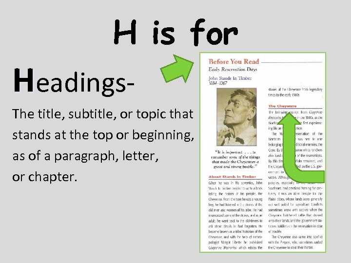 H is for Headings. The title, subtitle, or topic that stands at the top