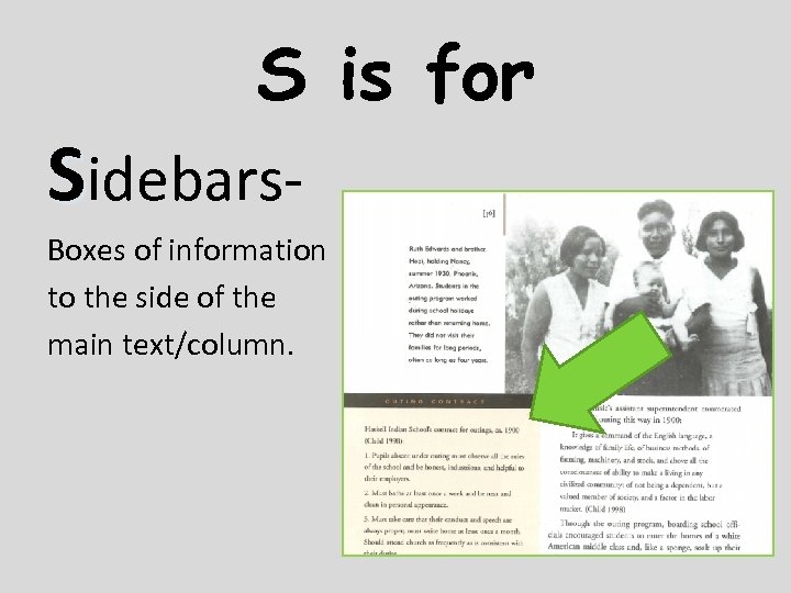 S is for Sidebars. Boxes of information to the side of the main text/column.