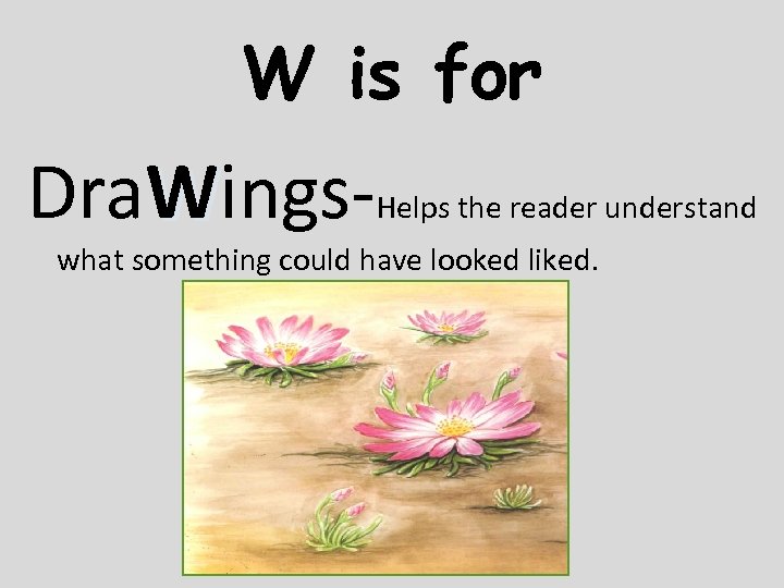 W is for Dra. Wings- Helps the reader understand what something could have looked
