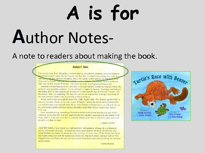 A is for Author Notes- A note to readers about making the book. 