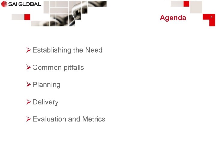 Agenda Ø Establishing the Need Ø Common pitfalls Ø Planning Ø Delivery Ø Evaluation