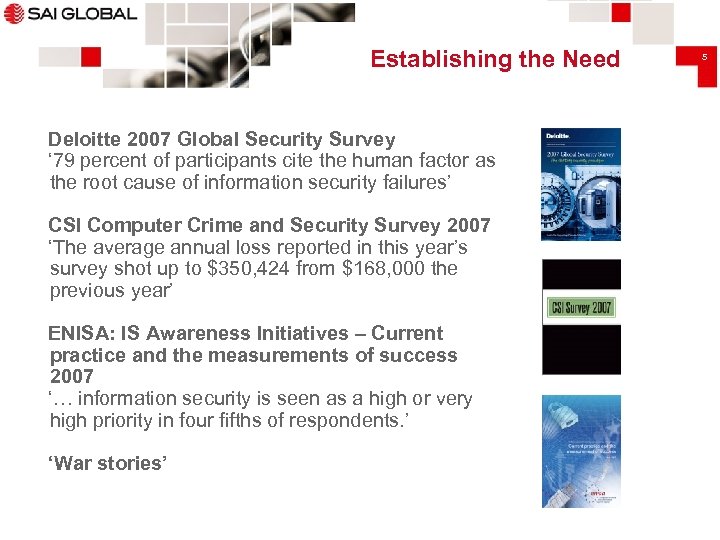 Establishing the Need Deloitte 2007 Global Security Survey ‘ 79 percent of participants cite